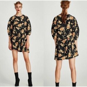 🔴 5 for $25! Zara Romper Faux Wrap Mini Dress Black Floral 3/4 Sleeves Small